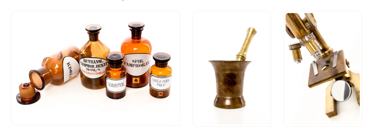 Collage von alten Apothekenutensilien samt Messingmörser mit Pistill, Mikroskop und Glasstandgefäßen